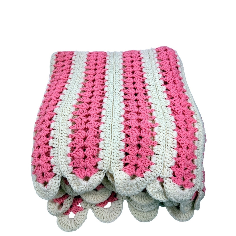 Vintage Handmade Crochet Afghan Blanket Pink White Striped Scalloped Edge 80x64